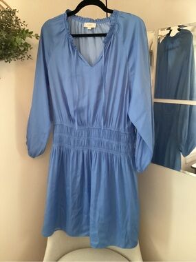 LOFT Light Blue Long-Sleeve Smocked-Waist V-Neck Dress